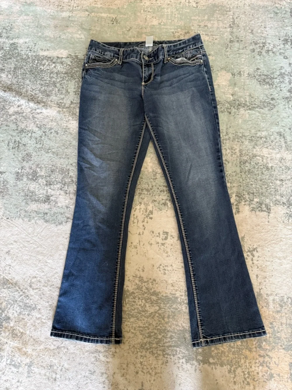 Maurices Women’s Dark Blue Flare Jeans with Rhinestone Details, Size 7/8 Short - Picture 1 of 9
